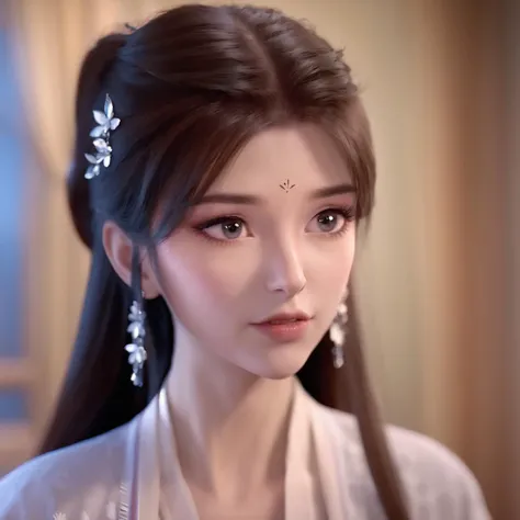 1girl, blurry, blurry background, blurry foreground, brown eyes, brown hair, curtains, depth of field, earrings, jewelry, lips, looking at viewer, solo