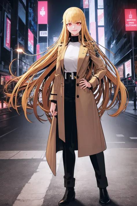 masterpiece, best quality, 1girl, mookhyang, blonde hair, long hair, bangs, red eyes, smile, shirt, long sleeves, coat, full body, standing, contrapposto, looking at viewer, cyberpunk, solo, neon light, night, cyberpunk city background <lora:MookHyang:0.8>
