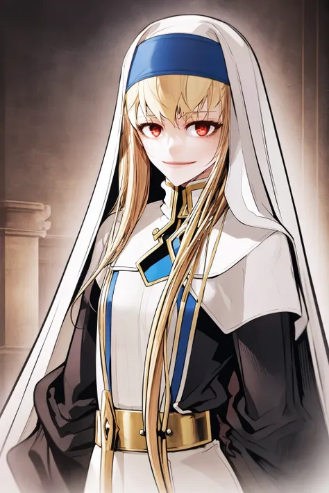 masterpiece, best quality, 1girl, mookhyang, blonde hair, long hair, bangs, red eyes, nun, priestess, upper body, smile, flat chest, small breasts, androgynous, looking at viewer, solo, church background  <lora:MookHyang:1>