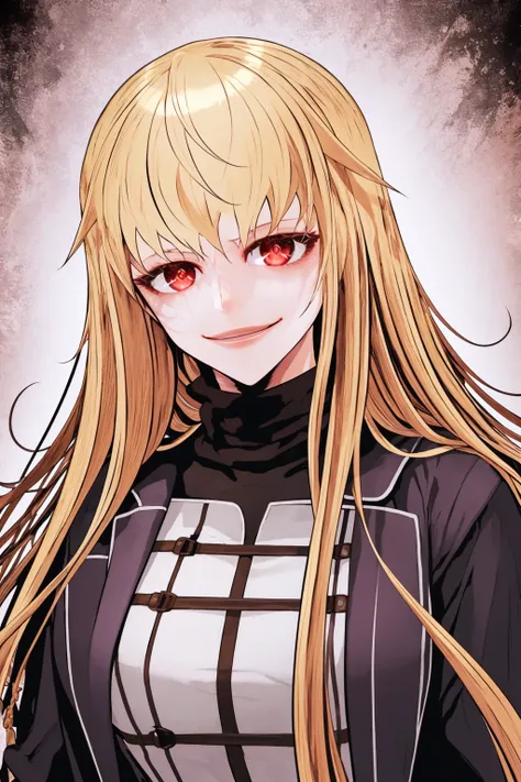 masterpiece, best quality, 1girl, mookhyang, blonde hair, long hair, bangs, red eyes, smile, solo, upper body, looking at viewer, simple background <lora:MookHyang:1>