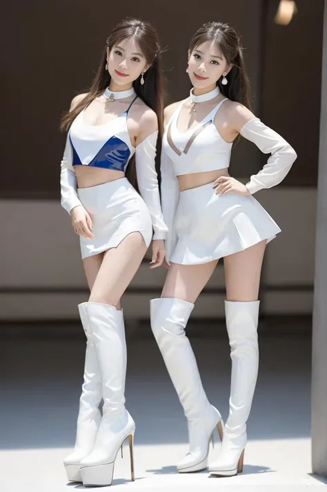 8k resolution, best quality, masterpiece:1.2, realistic, photo-realistic:1.37, ultra-detailed, best quality, ultra high res, professional lighting, photon mapping, radiosity, physically-based rendering, cinematic lighting, unreal engine, depth of field, sharp focus, raw photo, good composition, bokeh:1.2, absurdres,
35mm lens:1.25, wide angle, low angle, glamour shot, shot from the level of legs:1.4, shot from her side or back:0.5,
NSFW,
2 girls, young adulthood, a medium height model, pale skin, glistening skin, very delicate and detailed beautiful face, clear and detailed eyes, looking at the viewer, closed mouth, smile, detailed beautiful skin texture,
stand with legs together:0.75, back arched, hips tucked under:0.5,
((full body):1.7), hand of guido daniele:0.05, slim body, big natural breast, very narrow waist, slim hip, thigh gap, very long and well-proportioned thin legs:1.3, thin thighs:1.3, slim calf:1.3,
bare shoulders:0.5, bare waist, she wears (a PU leather Japanese race queen costume, a two-piece, a sexy detailed PU leather strapless tight form-fitting tan top or tube top gaps between breasts, sexy very tight PU leather long sleeve Bolero shrug cropped top, detailed pu leather tight skirt to show off the legs, white high heel over knee boots with a platform, visor):1.3,
the team logo is a running cat cartoon, the dress worn is emblazoned with the logos of the team, team logos may appear on the PU leather visor,
wear full makeup, including bold eye makeup, false eyelashes, and bright lipstick,
hair has usually styled in an updo, hair floating in the wind:1.3,
earrings, huge vivi plastic bracelets, and a ribbon necklace or choker, to add some sparkle and glam to the outfit, wear a branded visor with the team's logo and sponsor, false sleeves,
all clothes and accessories in the same colour theme (cobalt blue, white):1.3,
standing in a pit stop or racing track,
mix4, <lora:cuteGirlMix4_v10:0.5> <lora:japaneseDollLikeness_v10:0.5><lora:shojovibe_v11:0.5>