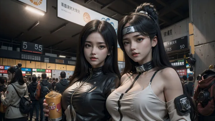 ((best quality, masterpiece)), realistic, photorealistic, upper body, 2girls, ((naruto cosplay girls:1.2) posing with ramen at shibuya station), naruto headband, scenery, lifelike rendering, immersive atmosphere, visually stunning, soft illumination, emotive depth, subtle facial expressions, masterpiece quality, absurdres, ultra detailed, (realistic glistening skin:1.2), skindentation, high resolution scan, (photo by Canon 5d, 50mm ZEISS lens), (8k uhd, hdr), (professionally color graded), (sharp focus:0.7), professional lighting, photon mapping, radiosity, physically-based rendering, good hands, good fingers, <lora:hipoly_3dcg_v7-epoch-000012:0.8>, <lora:lowra_v10:0.2>, <lora:shojovibe_v11:0.2>, <lora:koreanDollLikeness:0.20>, <lora:cuteGirlMix4_v10:0.25>