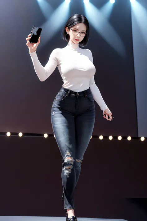 best quality, realistic, highres,masterpiece,photorealistic,uncensored,raw photo,intricate details,
1girl,gorgeous goddess, deity,queen,flawless,sexy,charming,seductive,erotic, alluring, enchanting,
perfect female body,mature female,shiny skin, skindentation, narrow waist,full body,
picture-perfect face,perfect face, beautiful face,beautiful eyes, huge breasts, black short hair,
(black turtleneck sweater),round-rimmed glasses,(blue denim trousers),sleeves rolled up, black leather shoes,
standing on stage,(holding iphone),looking at viewer, speak to viewer,
<lora:koreanDollLikeness_v15:0.2>, <lora:shojovibe_v11:0.8>, ulzzang-6500-v1.1,