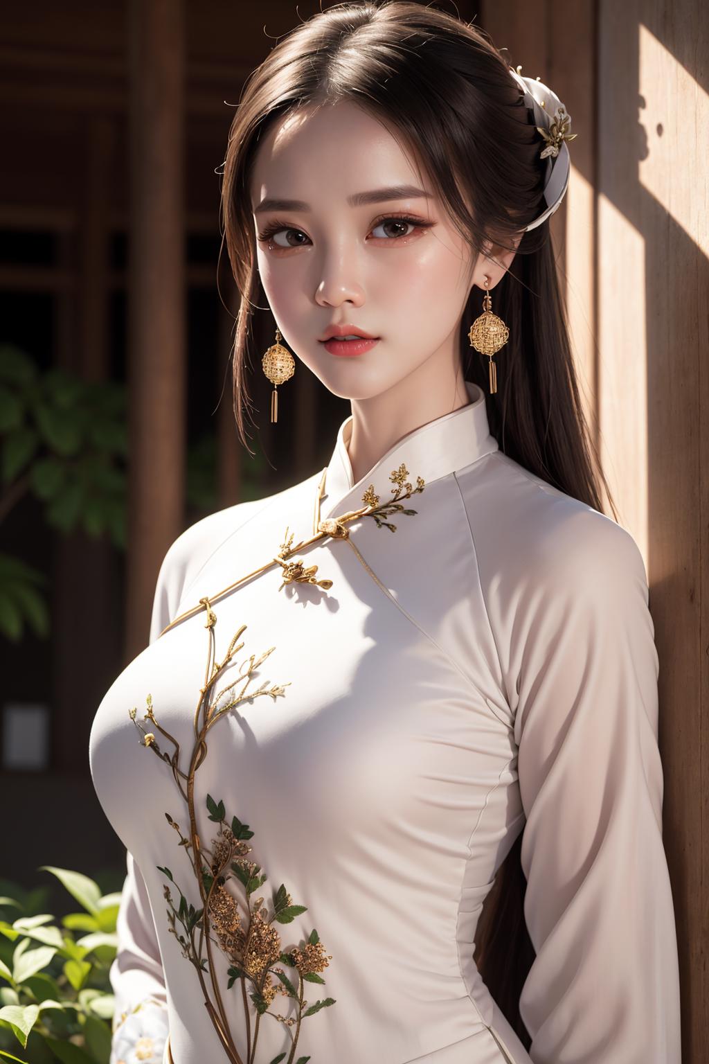 A woman in a white dress with gold flowers on her head - SeaArt AI