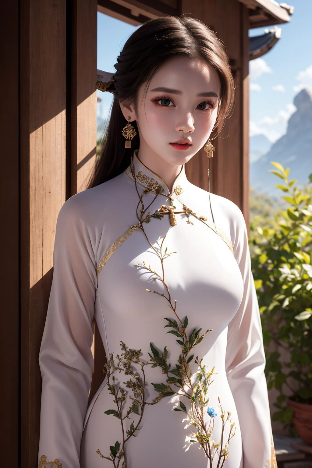 (best quality, masterpiece:1.2), photorealistic, ultra high res, full body shot, front lighting, intricate detail, Exquisite details and textures, 1girl, (young), face highlight, upper body, detailed face, tear mole, white skin, silver hair, ponytail, braid hair, looking at viewer, big eyes, symmetrical eyes, (sexy ao dai attire:1.6), earrings, (gigantic breasts), slim body, professional lighting, photon mapping, radiosity, physically-based rendering, good hands, good fingers, outdoor, <lora:shojovibe_v11:0.5>, masterpiece,ultra realistic,32k,extremely detailed CG unity 8k wallpaper, best quality