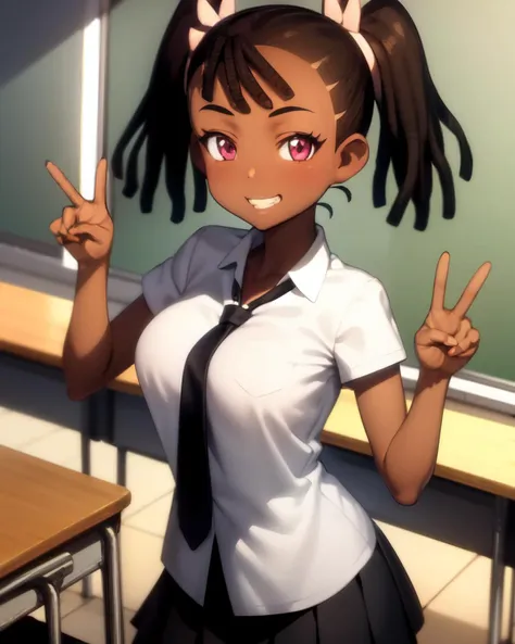 <lyco:Miyuki-NAI-LyCORIS:0.9>
bsqmiyuki, 1girl, solo, raised hand, v, peace_sign, wearing (white blouse, short tie, black pleated skirt), in classroom, smile, grin