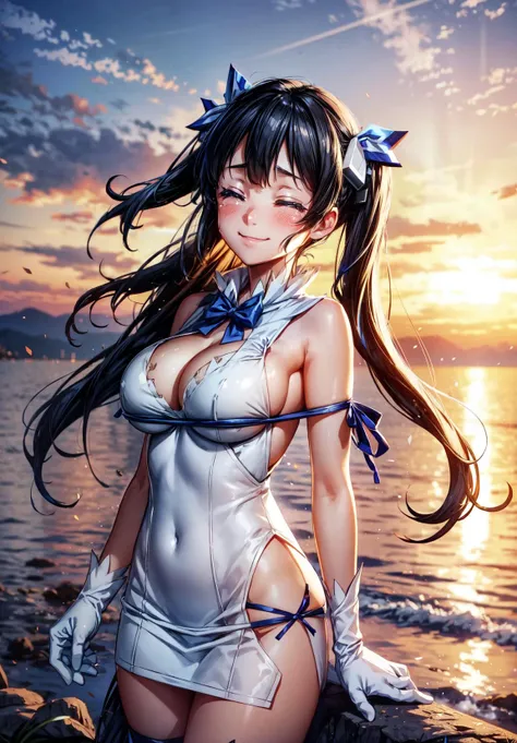 1girl,hestia, blue eyes, black hair, twintails,barefoot, blue bow, blue bowtie, bow, bowtie, cleavage, cleavage cutout, clothing cutout, dress, gloves, pencil dress, (rei no himo:1.5), short dress, white dress, white gloves,head tilted to one side,eyes closed, smile,happy face,happy expression,big smile,sunset,(teary:1.2),(teary eyes:1.4),(tears:1.2),standing,outdoors,masterpiece,extremely detailed CG unity 8k wallpaper, best quality,32k,focus sharp, <lora:hestiatest:1> ,<lora:add_detail:1>, <lora:Light and Shadow:0.6>