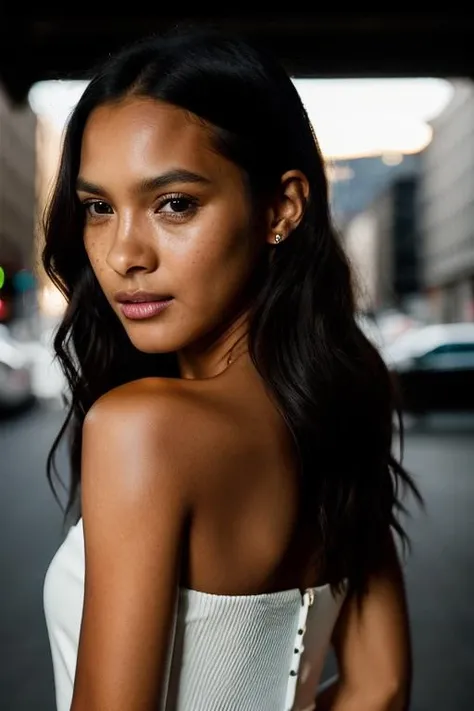 <lora:l41sr1b31r0:0.9>, a Realistic photo of l41sr1b31r0 woman, 1girl, solo, long hair, black hair, bare shoulders, parted lips, teeth, looking back, black eyes, lips, looking to the side, portrait, close-up, freckles, realistic, nose, professional Photography, Photorealistic, detailed eyes, RAW, analog, sharp focus, 8k, HD, DSLR, high quality, Fujifilm XT3, film grain, award winning, masterpiece