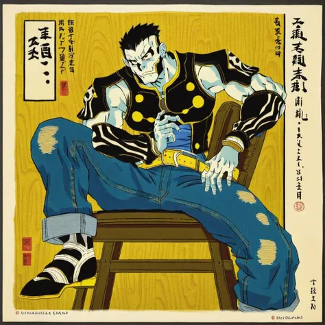 solo,1boy,painting of a gigachad sitting in a chair wearing jeans,chiseled jawline,ukiyoe, <lora:ukiyoe:0.75>