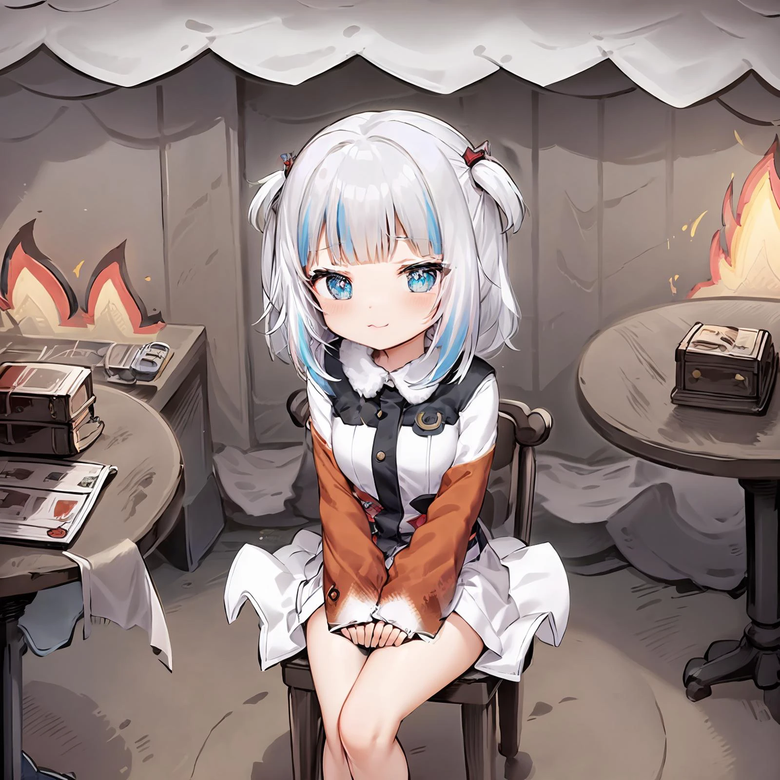 thisisfine, 1girl, white hair, blue highlights, blue eyes, gawr gura,
crossed_arms, table, coffee_mug, steaming coffee, cute,
staying positive, surrounded by flames, fire, sitting, smoke
<lora:lottalewdsThisisfine_v2:1> <lora:gawr gura:0.6>