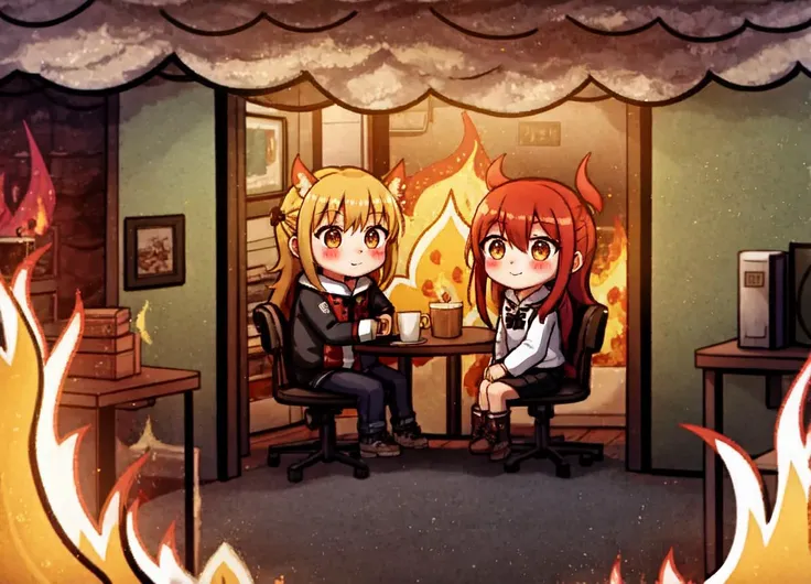 (thisisfine:1.3), (fire eveywhere:1.1), (smoke:1.0), (room full of fire:1.3), sitting on chair, (1girl:1.3)