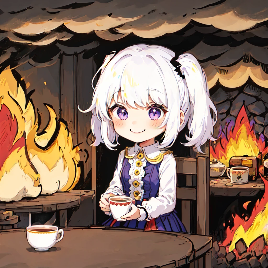 1girl, (smile, white hair, purple eyes,dress, cup, holding), fire, <lora:lottalewdsThisisfine_v1:1>, this is fine \(meme\),