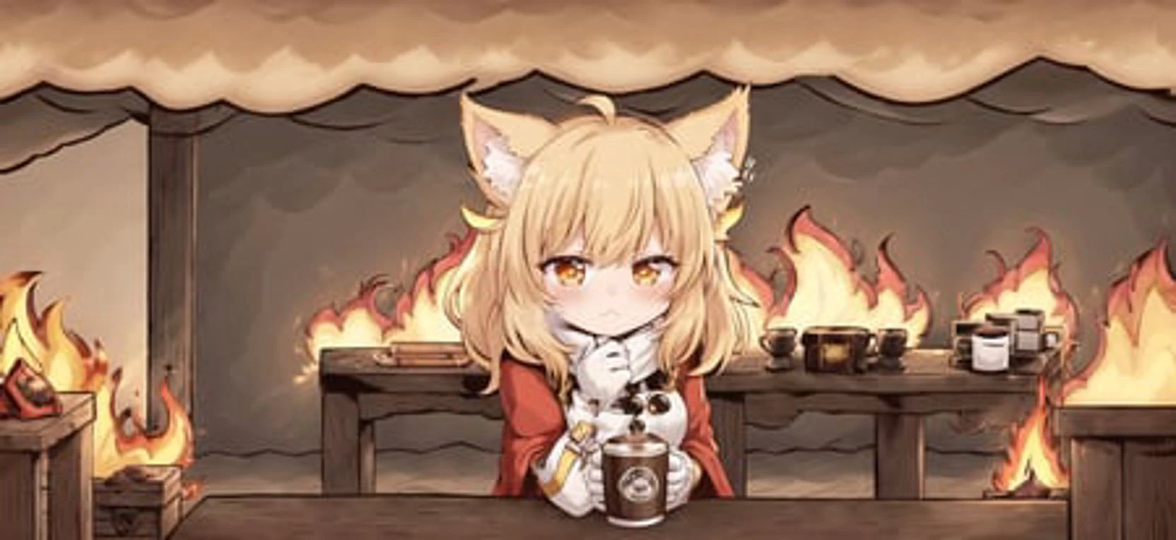 thisisfine, detailed background, wainscoting, 1girl, taupe hair, tri tails, crossed_arms, table, coffee_mug, steaming coffee, cute, dog_ears, straight face, surrounded by flames, fire, sitting, smoke <lora:thisisfineV3:0.75>