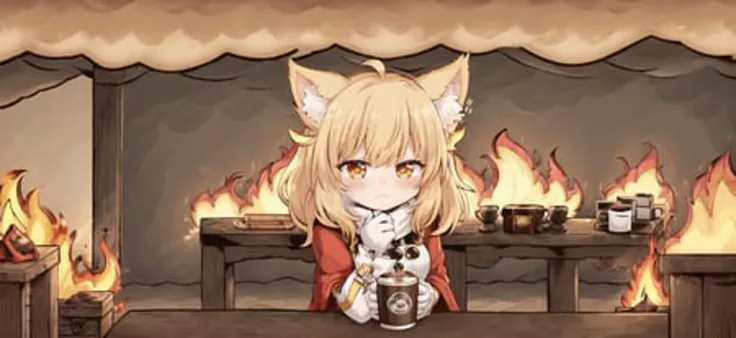 thisisfine, detailed background, wainscoting, 1girl, taupe hair, tri tails, crossed_arms, table, coffee_mug, steaming coffee, cute, dog_ears, straight face, surrounded by flames, fire, sitting, smoke <lora:thisisfineV3:0.75>