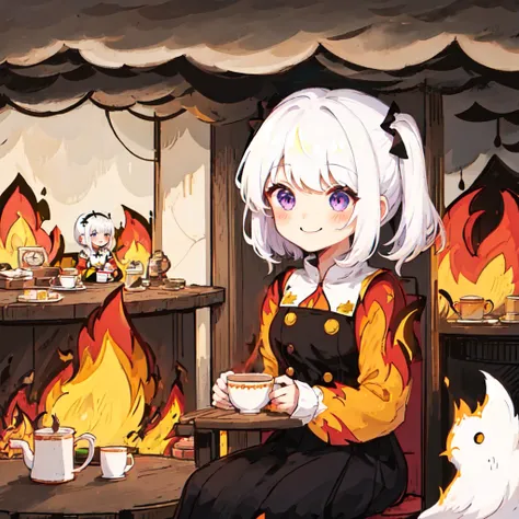 1girl, (smile, white hair, purple eyes,dress, cup, holding), fire, <lora:lottalewdsThisisfine_v1:1>, this is fine \(meme\),