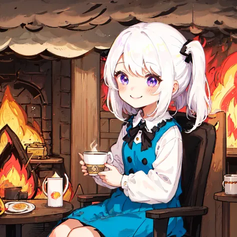 1girl, (smile, white hair, purple eyes,dress, cup, holding), fire, <lora:lottalewdsThisisfine_v1:1>, this is fine \(meme\),