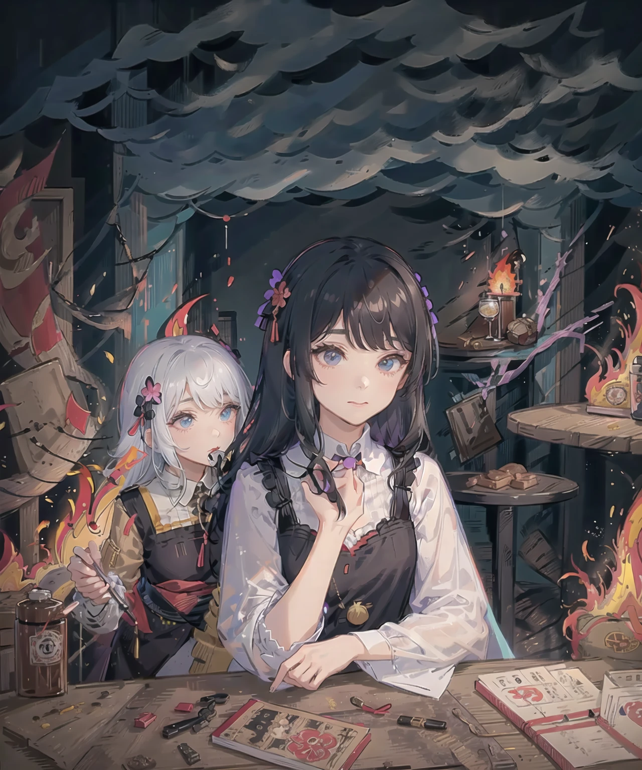 colorful butterfly,girl,red and white kimono puff and slash sleeves,upper body,(detailed face:1.2), (medium breasts),(cleavage),(thigh bands),long Gray hair,asymmetrical bangs,Tarot border,The portrait is centered,(no weapon),(bouncing breasts), (raw photo:1.2), ((photorealistic:1.4)), best quality, masterpiece, illustration, an extremely delicate and beautiful, extremely detailed ,CG ,unity ,8k wallpaper, Amazing, finely detail, masterpiece,best quality,official art, extremely detailed CG unity 8k wallpaper, absurdres, incredibly absurdres, huge filesize, ultra-detailed, highres, extremely detailed,
beautiful detailed girl, extremely detailed eyes and face, beautiful detailed eyes, light on face, cinematic lighting, full body, full-body shot, see-through, outdoors, birds , (lavender background) , black theme, <lora:lottalewdsThisisfine_v2:.1.5>, thisisfine, fire, blank stare, sitting at table drinking coffee, room full of fire, hands on lap, side profile,