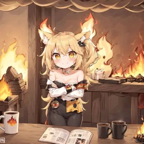 thisisfine, 1girl, mustard hair, side ponytail, crossed_arms, table, coffee_mug, steaming coffee, cute, dog_ears, staying positive, (surrounded by flames:1.2), fire, sitting, smoke <lora:thisisfineV3:0.4>