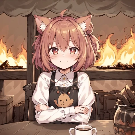 thisisfine, 1girl, plum hair, cone hair bun, crossed_arms, table, coffee_mug, steaming coffee, cute, dog_ears, staying positive, surrounded by flames, fire, sitting, smoke <lora:thisisfineV3:0.4>