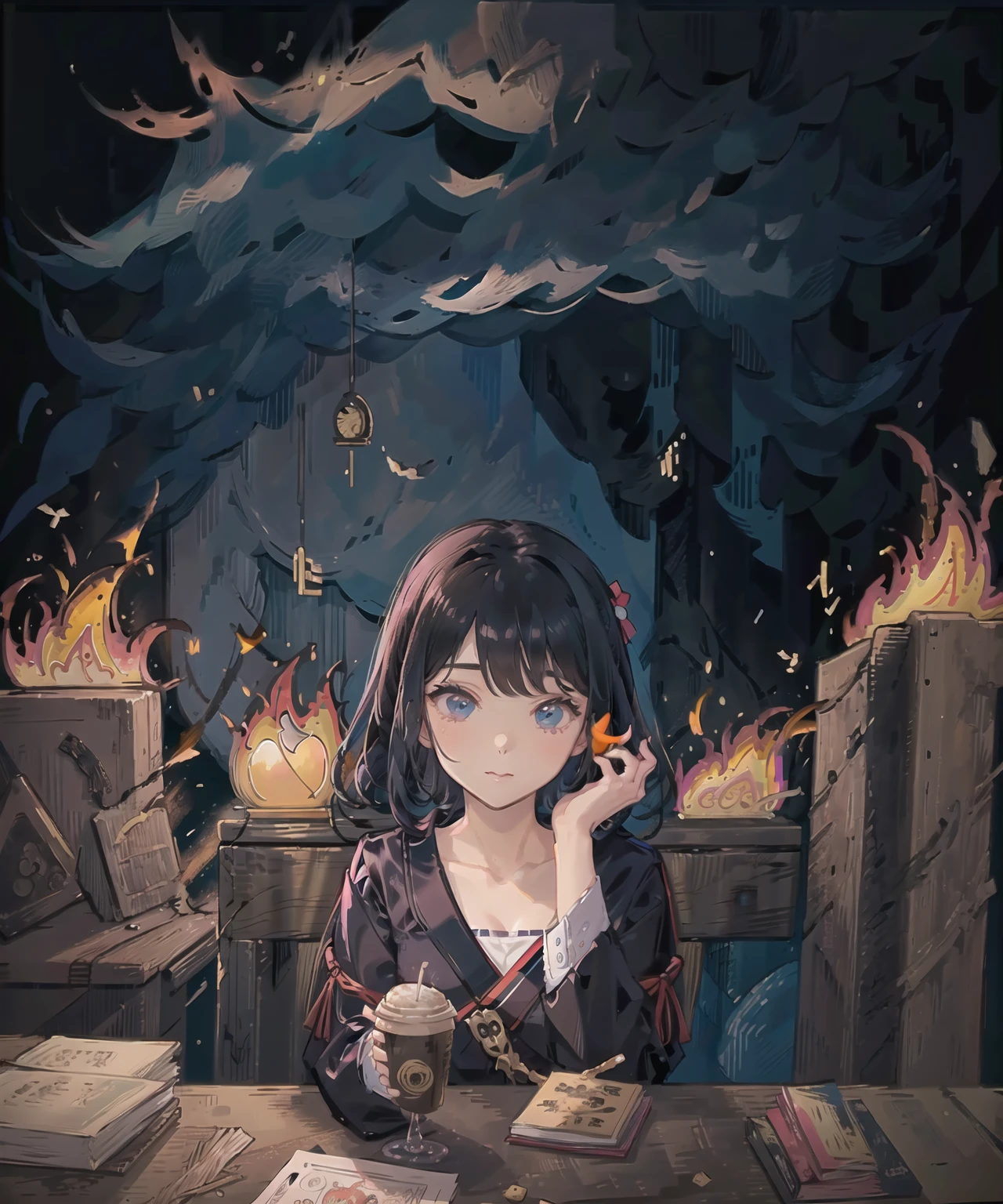 colorful butterfly,girl,red and white kimono detached sleeves,upper body,(detailed face:1.2), (medium breasts),(cleavage),(thigh bands),long Platinum hair,asymmetrical bangs,Tarot border,The portrait is centered,(no weapon),(bouncing breasts), (raw photo:1.2), ((photorealistic:1.4)), best quality, masterpiece, illustration, an extremely delicate and beautiful, extremely detailed ,CG ,unity ,8k wallpaper, Amazing, finely detail, masterpiece,best quality,official art, extremely detailed CG unity 8k wallpaper, absurdres, incredibly absurdres, huge filesize, ultra-detailed, highres, extremely detailed,
beautiful detailed girl, extremely detailed eyes and face, beautiful detailed eyes, light on face, cinematic lighting, full body, full-body shot, see-through, outdoors, light orbs , ((black background)), black theme and black theme , <lora:lottalewdsThisisfine_v2:.1.5>, thisisfine, fire, blank stare, sitting at table drinking coffee, room full of fire, hands on lap, side profile,