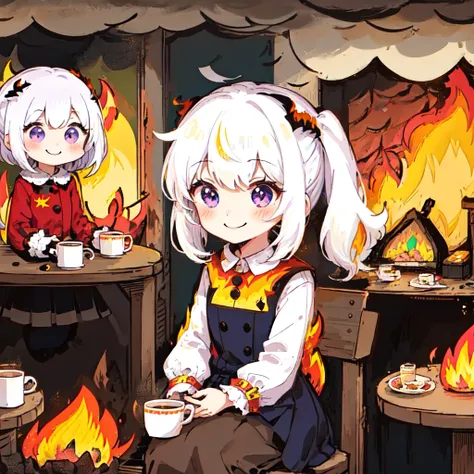 1girl, (smile, white hair, purple eyes,dress, cup, holding), fire, <lora:lottalewdsThisisfine_v1:1>, this is fine \(meme\),