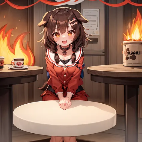 thisisfine, 1girl, brown hair, dog ears,(brown eyes:1.2), inugami korone

crossed_arms, table, coffee_mug, steaming coffee, cute, 

staying positive, surrounded by flames, fire, sitting, smoke 

 <lora:lottalewdsThisisfine_v2:0.6>