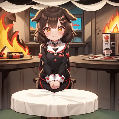 thisisfine, 1girl, brown hair, dog ears, brown eyes, inugami korone

crossed_arms, table, coffee_mug, steaming coffee, cute, 

staying positive, surrounded by flames, fire, sitting, smoke 

 <lora:lottalewdsThisisfine_v2:1>