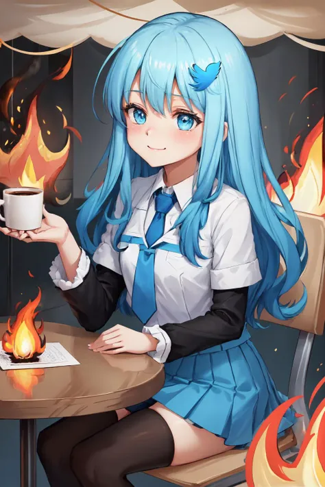 Highly detailed, High Quality, Masterpiece, beautiful, Twitter-chan, hair ornament, white shirt, black long-sleeve shirt, layered sleeves, necktie, blue skirt, black thighhighs, <lora:Char_Meme_Twitterchan:0.6>, ThisIsFine, crossed_arms, table, coffee_mug, steaming coffee, staying positive, surrounded by flames, fire, sitting, smoke, <lora:Pos_ThisIsFine:0.7>