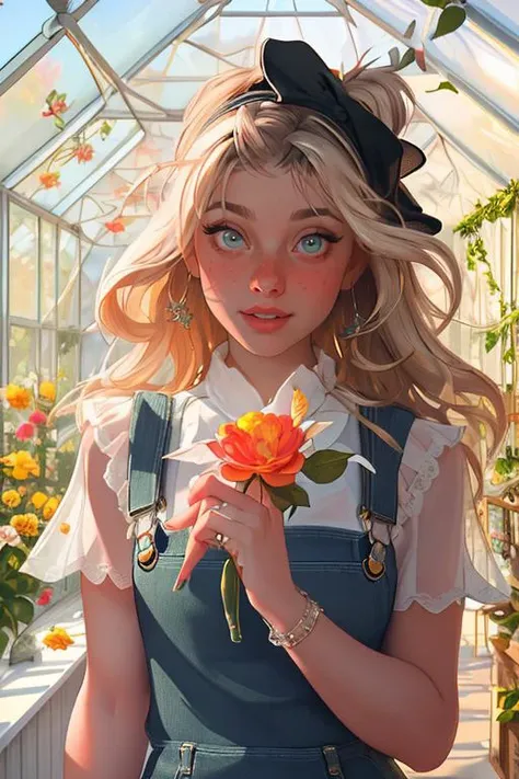 DEN_liz_imsadspice,
(in a giant glass green house filled with exotic flowers and plants wearing overalls and a bandana walking through the flowers, arboretum, green house, glass, plants, flowers:1.1),
bokeh, f1.4, 40mm, photorealistic, raw, 8k, textured skin, skin pores, intricate details <lora:epi_noiseoffset2:1>, epiCRealism <lora:ClothingAdjuster3:-1>