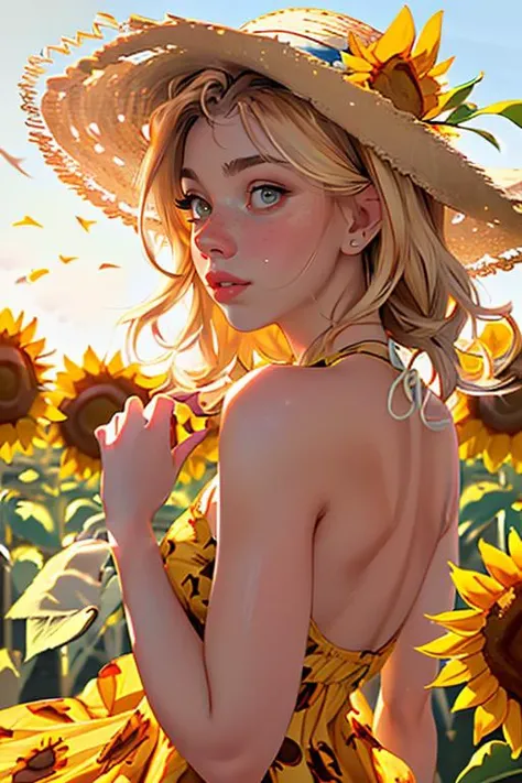 DEN_liz_imsadspice,
(walking through a field of sunflowers wearing a (summer dress:1.3) and sun hat, field, sunflowers, summer, scenic:1.1),
bokeh, f1.4, 40mm, photorealistic, raw, 8k, textured skin, skin pores, intricate details <lora:epi_noiseoffset2:1>, epiCRealism