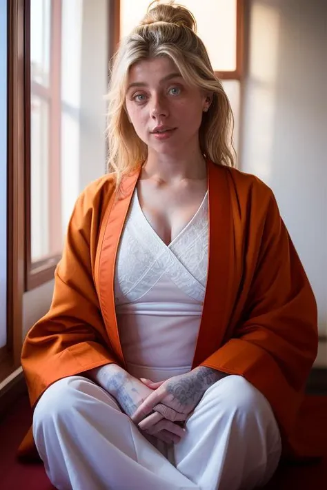 DEN_liz_imsadspice,
(a Buddhist monk sitting outside and meditating in a Buddhist monastery wearing orange Buddhist robes, Buddhist, tranquillity, peace:1.1),
bokeh, f1.4, 40mm, photorealistic, raw, 8k, textured skin, skin pores, intricate details  <lora:epi_noiseoffset2:1>, epiCRealism <lora:ClothingAdjuster3:-1>