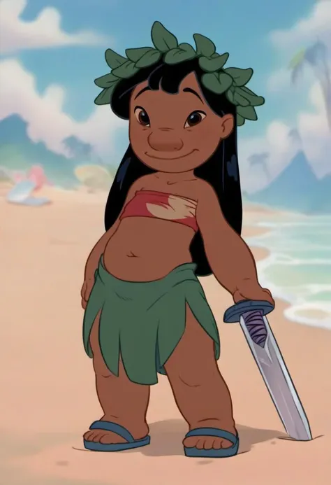 rating_explicit,source_cartoon, lilo_pelekai, 1girl,  _child,le_child, smaly, palm trees, standing, nude body, eductive smile, wet skin, sexy pose, score_9, score_8_up, score_7_up, score_6_up, score_5_up, score_4_up, hands on head,  pussy juice 