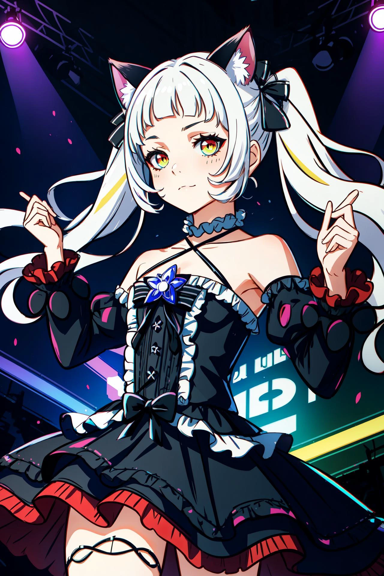 best quality, intricate details,
<lora:ShionV2D8_e6:0.8> ShionGothic, smug, twintails, animal_ear_fluff,gothic_ta,loliashion,halter dress, cat ears,cat_girl,long dress, halterneck, layered dress,frilled dress, center_frills,detached sleeves,
<lora:AnimePunk:0.8> dancing, on stage, from below, black lights, neon lights, colorful,
