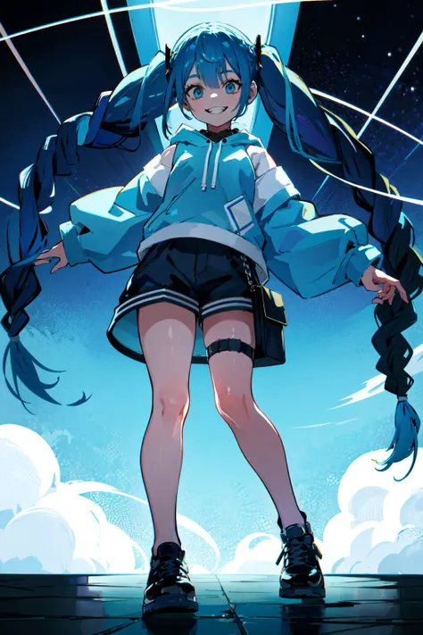 1girl , pretty, full body , long blue braided hair , pigtail braids , from below , crazy smile <lora:AnimePunk:1> <lora:crazyExpressions_crazyExpressions:0.8>