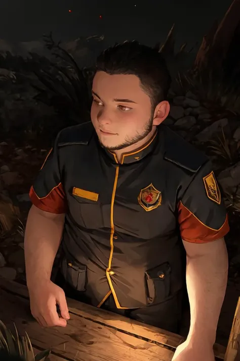 (anime, extremely detailed, masterpiece), (candid photo of young man, chubby, handsome, cute nose, skin imperfections, realistic skin, skin texture, 8k, dark atmosphere, ), (futuristic mage uniform, outdoors, nighttime, surrounded by magical energy, high angle:1.0), epiCPhoto, <lora:Chubby_man:0.85>