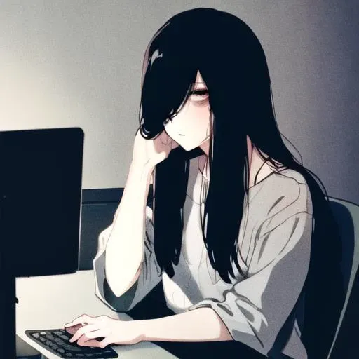 ((masterpiece)),(best quality), absurdres,sadako_yamamura,<lora:Sadakobest:0.8>, <lora:conceptBagsUnderEyes_v10:1.2>,Bags under eyes, portrait, using phone, on computer, looking at computer, dark room, light from computer, sitting on chair,