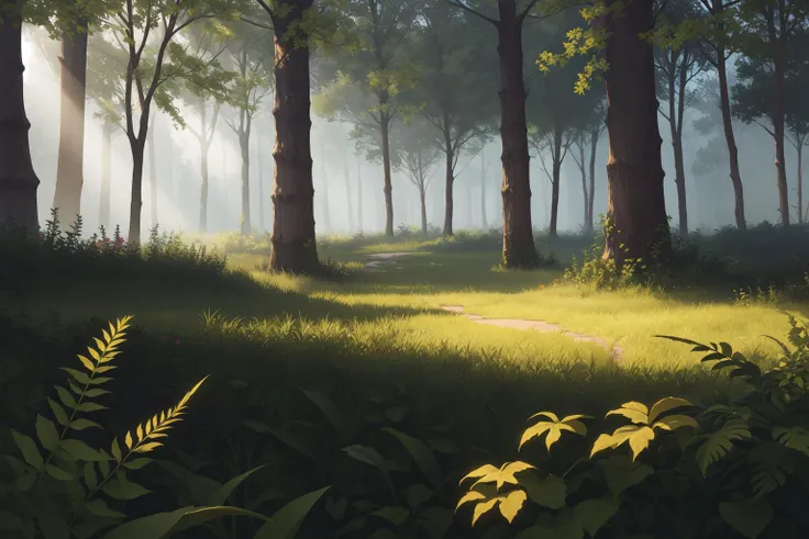 nature, forest, grass, tall grass, detailed grass, lush grass, plants, fern, flowers, volumetric lighting, soft lighting, light particles,