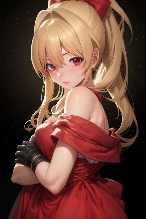 light particles, soft lighting, volumetric lighting, intricate details, finely detailed, backlighting,

1girl, solo, standing, upper body, crossed arms,

blonde hair, long hair, high ponytail, hair intakes, sidelocks, red bow,

red eyes, looking at viewer, tsurime, half-closed eyes,

red dress, off shoulder, bare arms, gloves,

black background, simple background,

<lora:Add Detail:0.4>