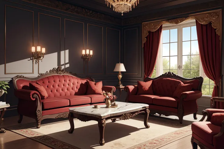 indoors, ampire, ampire interiors, marble, window, red curtains, red sofa,