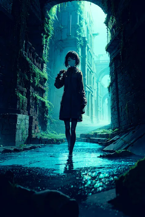 masterpiece, best quality, ultra-detailed, glowing light, (detailed background, complex background:1.2), 1girl, solo, (Lost within a cavernous underground labyrinth, a lone explorer navigated the winding tunnels, their only company the echoes of their own footsteps and the eerie drip of water from unseen sources:0.8), <lora:architecture-v4:0.6>