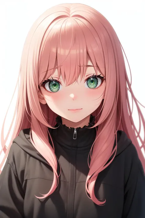 1girl, solo,
(pink hair:1.2), long hair,
green eyes, looking at viewer, tsurime, face focus,
white background, simple background,