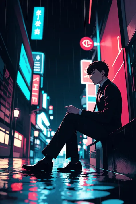 1boy, solo, sitting, wet clothes, wet, puddles, rain, looking down, brown hair,
official style, office suit, black shoes,
outdoors, night, cyberpunk, alley, holo sign, neon lights, reflective floor, ripples,
