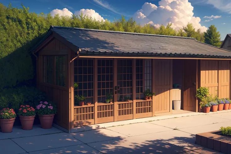 scenery, no humans, sky, outdoors, cloud, plant, day, building, tree, blue sky, window, potted plant, house, sunlight, door, flower pot, shade, chair, water, shadow, bench, bush, cloudy sky, fence