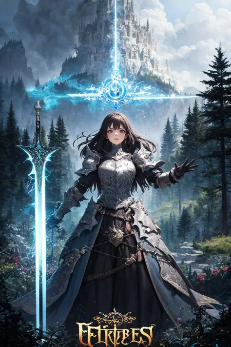fantasy, epic, movie poster-style illustration, a girl standing in armor, with a dynamic and magical background, featuring prominent and well-designed typography elements, standing, confident, determined, wielding a sword, epic title, magical forest, glowing runes, bold text