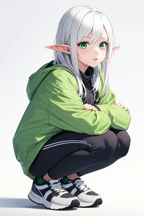 1girl, solo, elf, 
white hair, long hair, sidelocks,
green eyes, looking at viewer,
sneakers,
squatting,
white background,
