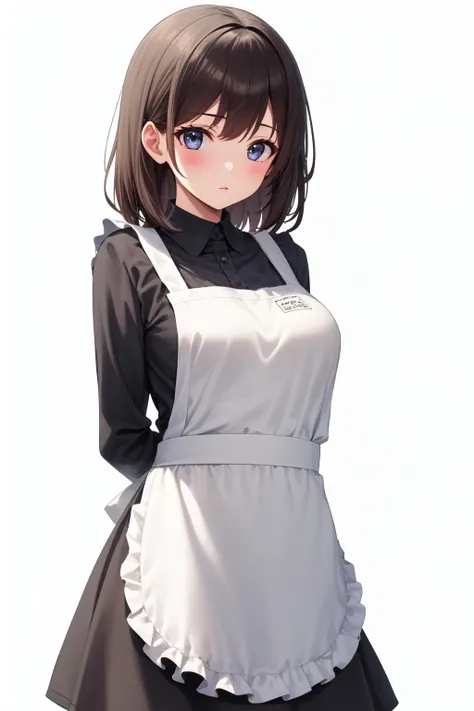 1girl, solo, arms behind back,
apron,
white background, simple background, standing,