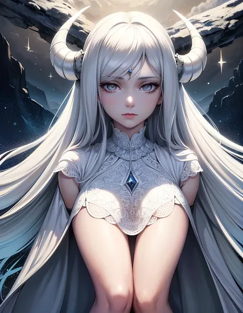 oil painting, illustration of a woman,  white dress, looking at viewer, solo, full body, detailed background, long white hair, horns, detailed face, silver eyes, (masterpiece, ultra detailed, best quality, highres, extremely delicate and beautiful:1.3), mountains background, high detailed,