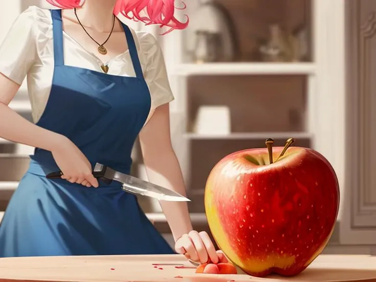 woman is holding a utility knife, the knife is cutting an apple that is on a cutting board, the background is a kitchen with a countertop and windows in the background, sunny, woman is wearing a blue dress with an apron which is pink, she has a skirt on, woman is wearing a necklace