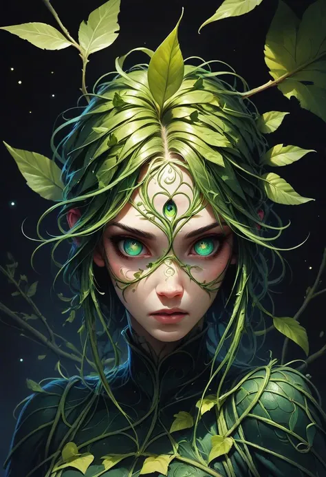 <lora:magical_vibrance_XL:1> <lora:DarkestDungeonSDXL:0.2> ddstyle (details in in ultra HD quality), (masterpiece, best quality), (masterpiece, top quality, best quality, official art, beautiful and aesthetic:1.2), (1girl), tree girl, hair made of vines, (perfect face), (night:1.3), extremely detailed, (fractal art:1.2), ((ultra realistic details)), highest detailed, shadows, intricate, facing camera, (short curly green hair), dress made of vines, glowing eyes, wooden body, wooden limbs, branches, roots, vines, spriggan, forest creature, leaves, forest, full body, green skin, person made of plants, colorful, goddess, ((fireflies))