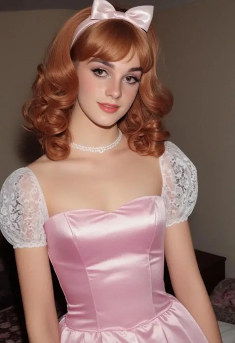 satin retro prom dress, lace trim, puff sleeves, tights, skinny, amateur, sexy british femboy trap crossdresser, 21 years old, headband, freckles, soft smile,  lipgloss, ribbons, ear,
dark room, analog 90s Kodak flash photograph, uncensored, nip slip